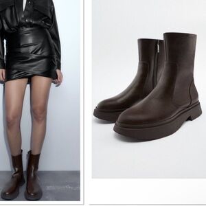 Zara Chocolate Brown Round Toe Leather Ankle Boots size 35